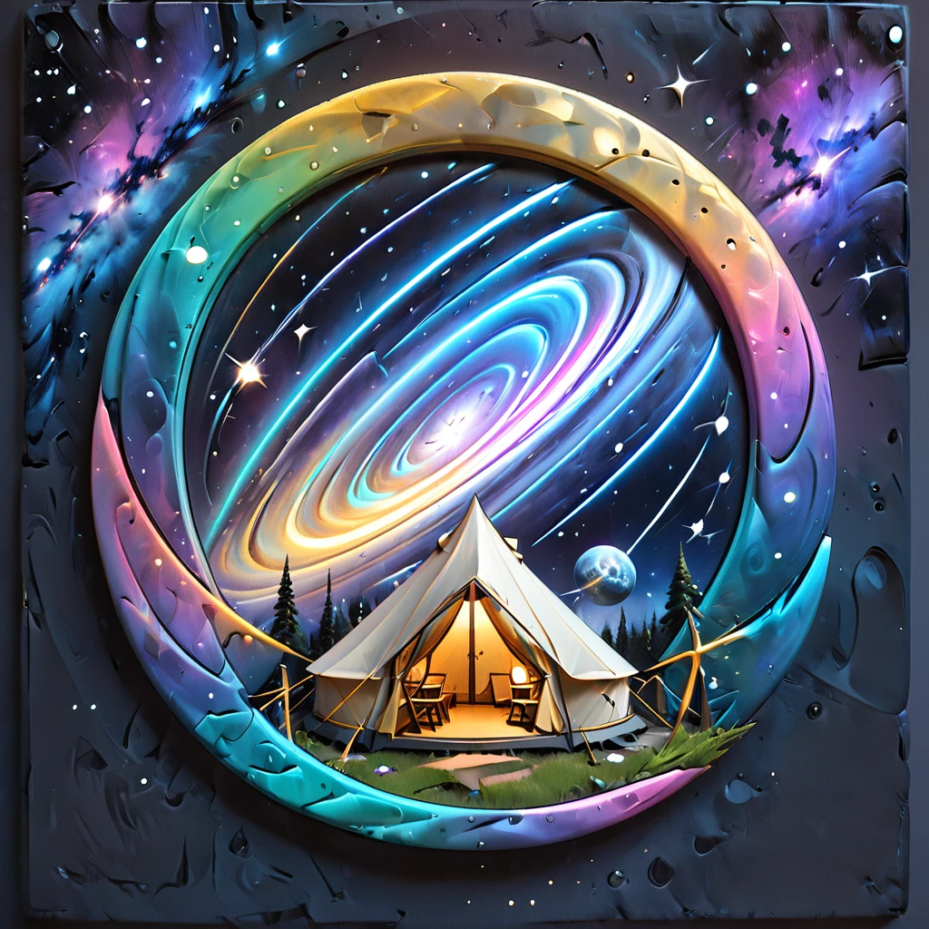 Glamping、symbol、Three-dimensional、Shine、Shine、gold、The background is a large galaxy