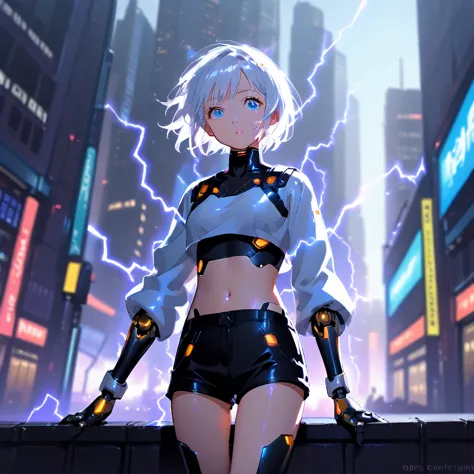 anime girl, pretty, short hair, white hair, crop top, short shorts, futuristic girl, city background with electricity rays