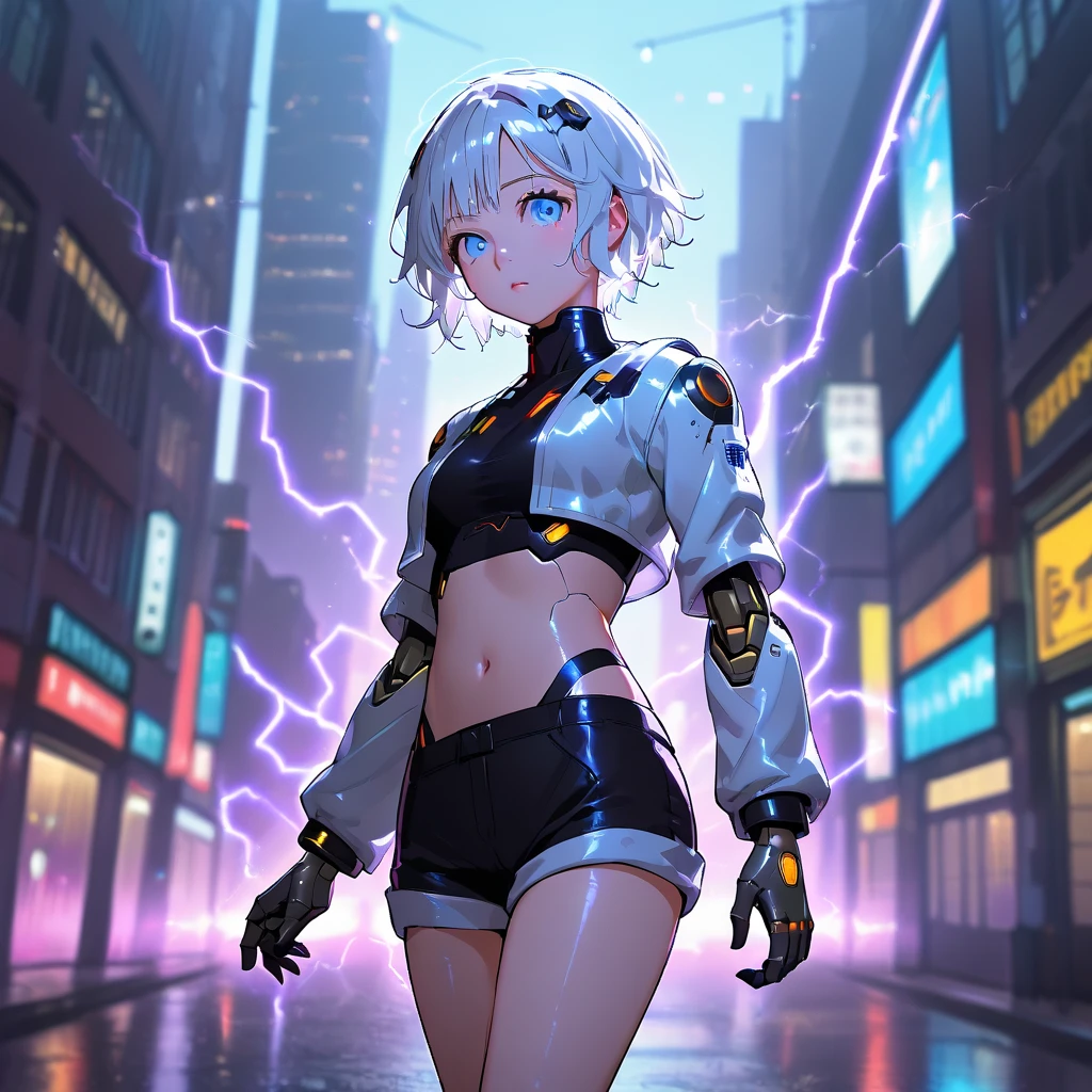 anime girl, pretty, short hair, white hair, crop top, short shorts, futuristic girl, city background with electricity rays