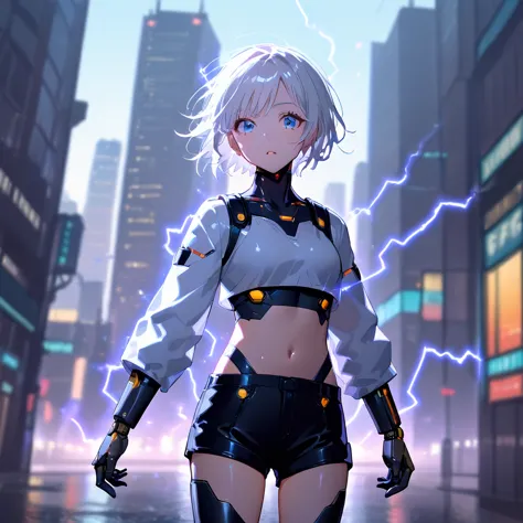 anime girl, pretty, short hair, white hair, crop top, short shorts, futuristic girl, city background with electricity rays