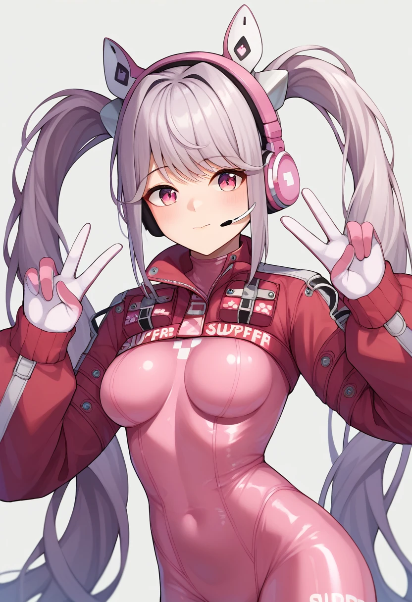 score_9, score_8_up, score_7_up, score_6_up, BREAK alicedef, twintails, very long hair, grey hair, fake animal ears, headset, pink eyes, pink bodysuit, shrug \(clothing\), multicolored gloves, latex,double v 