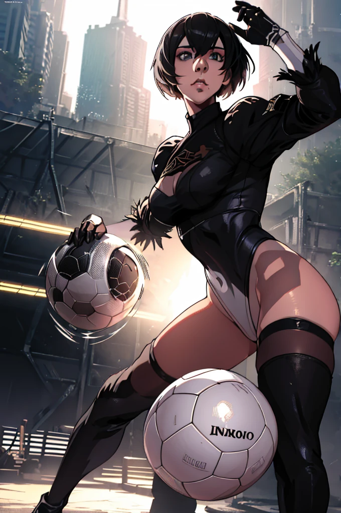 1girl, yorha 2B, wearing goalkeeper uniform, holding soccer ball, dynamic pose, hyperrealistic, octane render, cinematic lighting, dramatic shadows, intricate details, highly detailed, photorealistic, 8K, best quality, masterpiece