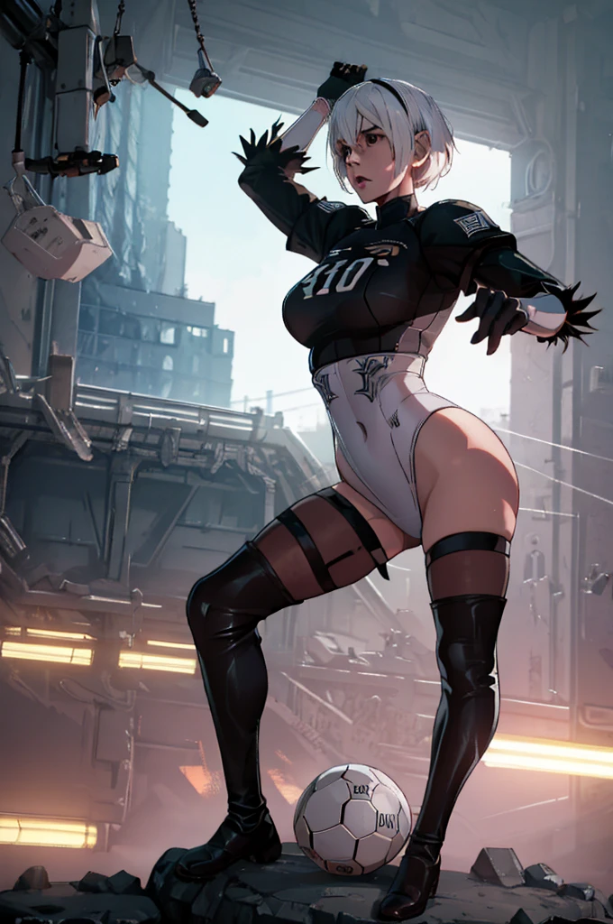 1girl, yorha 2B, wearing goalkeeper uniform, holding soccer ball, dynamic pose, hyperrealistic, octane render, cinematic lighting, dramatic shadows, intricate details, highly detailed, photorealistic, 8K, best quality, masterpiece