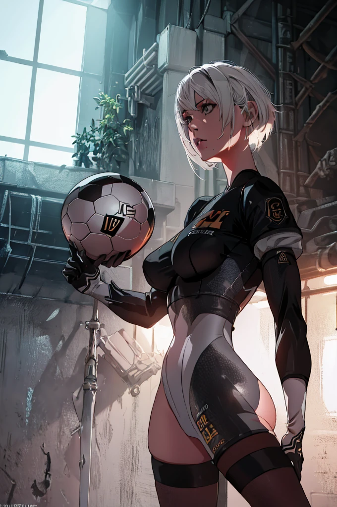 1girl, yorha 2B, wearing goalkeeper uniform, holding soccer ball, dynamic pose, hyperrealistic, octane render, cinematic lighting, dramatic shadows, intricate details, highly detailed, photorealistic, 8K, best quality, masterpiece