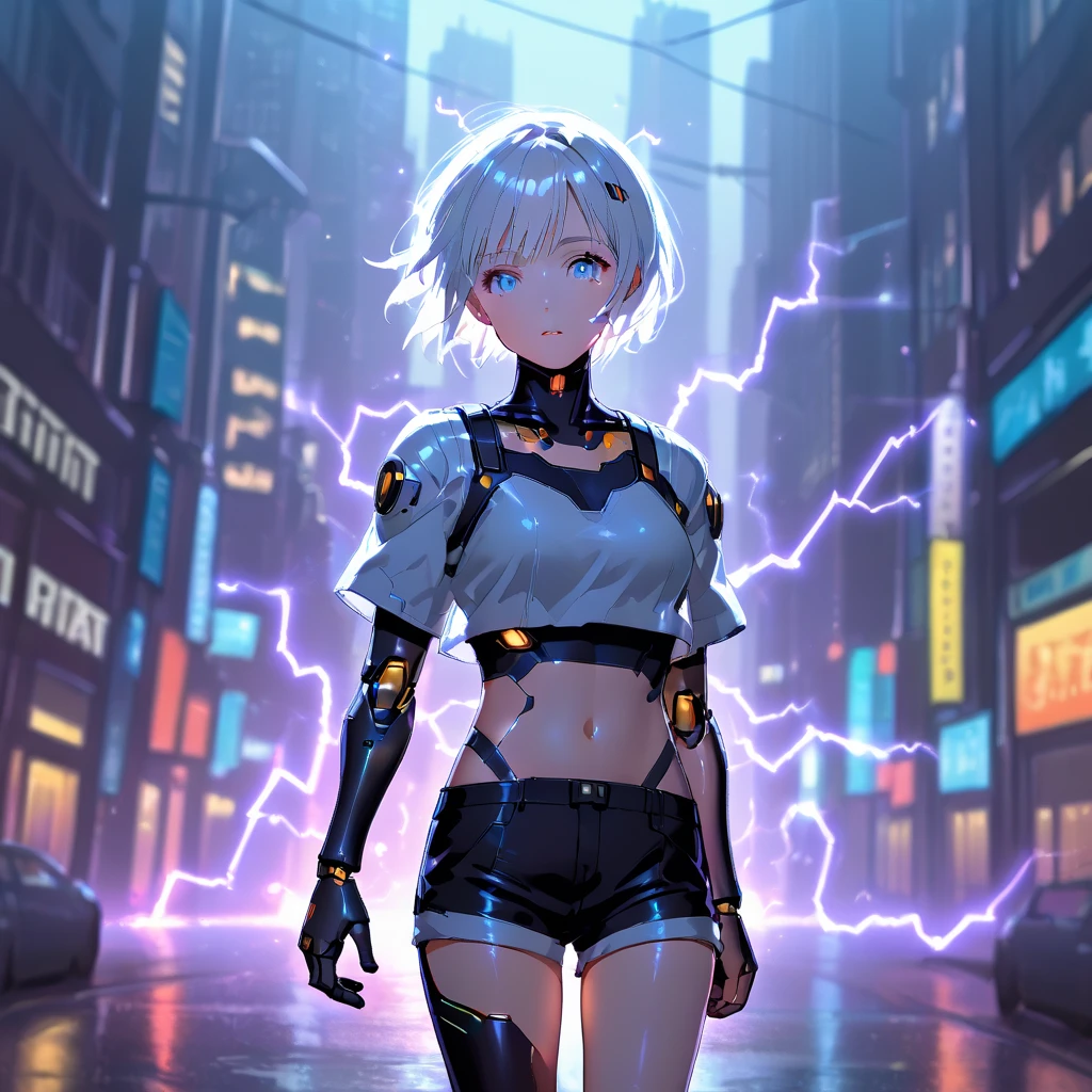 anime girl, pretty, short hair, white hair, crop top, short shorts, futuristic girl, city background with electricity rays