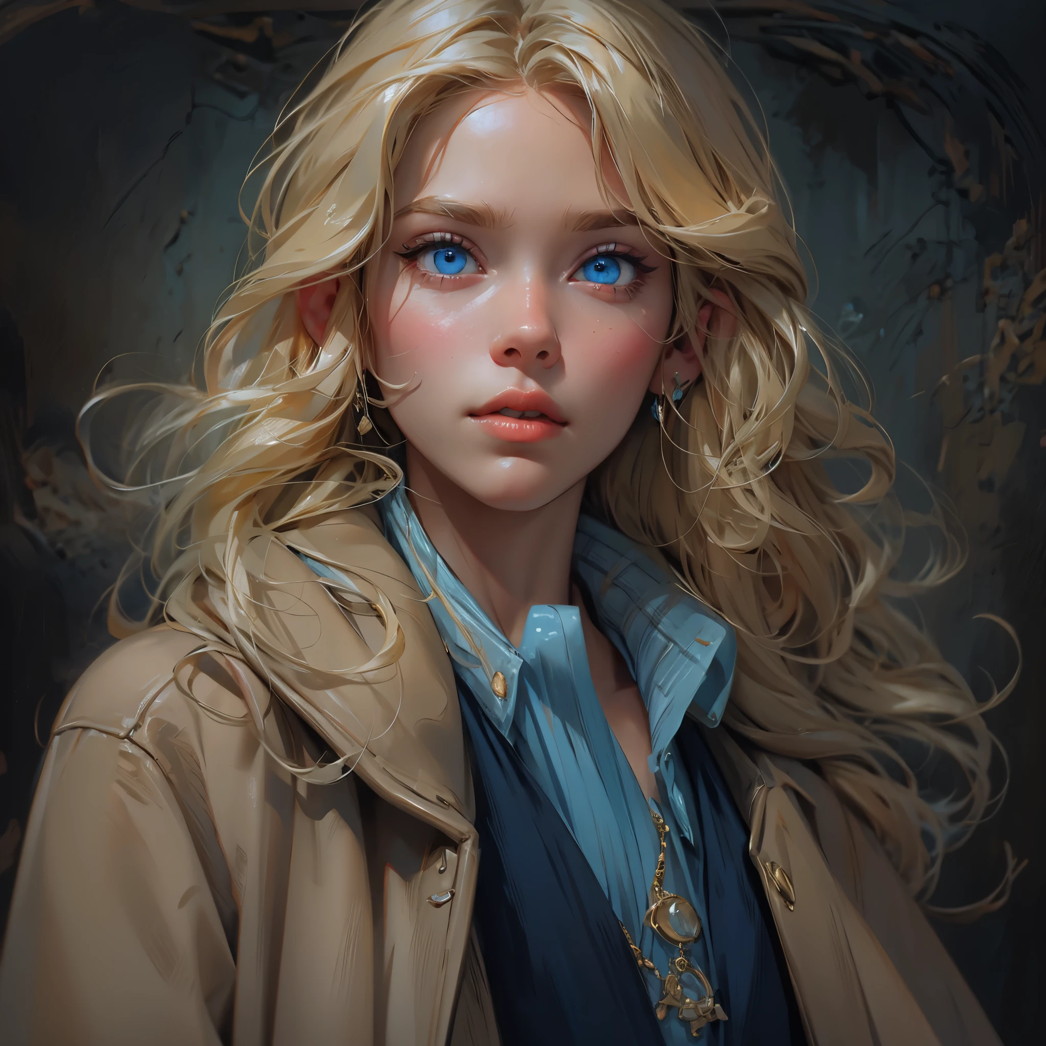 envision a close up portrait of a beautiful English girl named Amelia Watson with medium long blonde hair, and bright blue eyes wearing a beige detective coat with a pocket watch necklace against a dark gray background