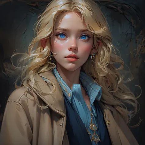 envision a close up portrait of a beautiful english girl named amelia watson with medium long blonde hair, and bright blue eyes ...