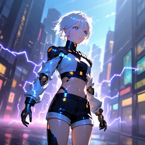 anime girl, pretty, short hair, white hair, crop top, short shorts, futuristic girl, city background with electricity rays