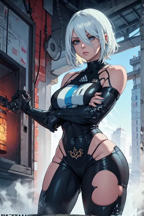 yorha 2b,female cyborg,soccer forward uniform,argentina flag colors,highly detailed face and body,intricate mechanical details,d...