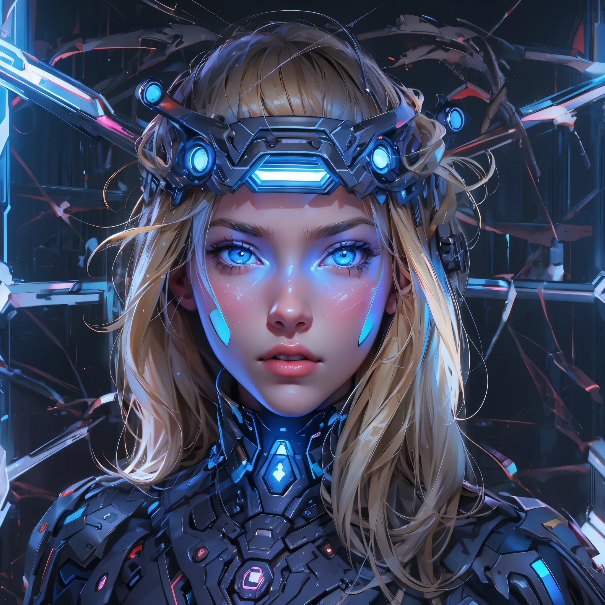 envision a close up portrait of a beautiful English girl named Amelia Watson with medium long blonde hair, and bright blue eyes wearing a cybernetic Nano suit made of a mysterious element with glowing nodes and a visor display over her eyes against a dark gray background