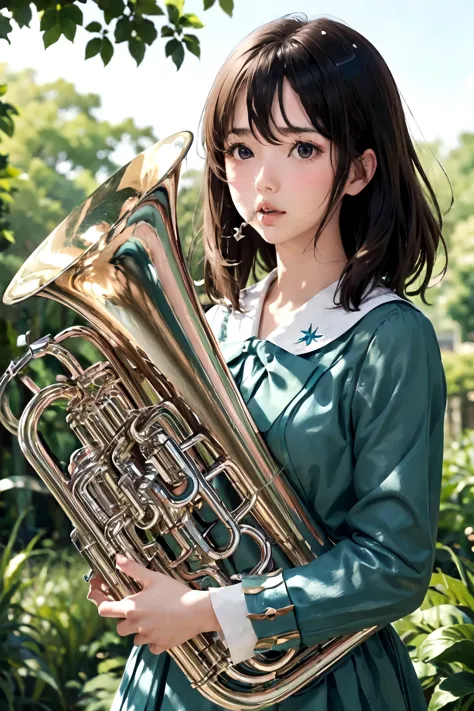 (masterpiece, highest quality:1.2), (one girl), play the euphonium, alone, (draw the euphonium shape accurately:1.4)、standing、(f...