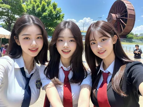 (a super cute korean schoolgirl takes a commemorative photo with her two beautiful best friends:1.2)(laughing:1.2)(beautiful swe...