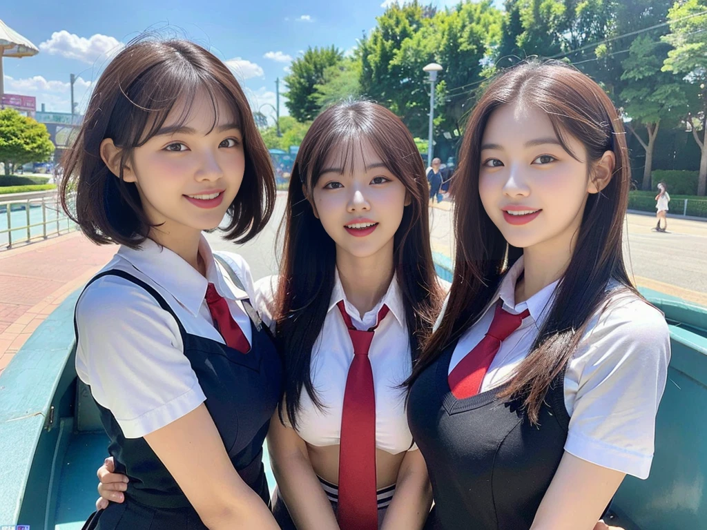 (A super cute Korean schoolgirl takes a commemorative photo with her two beautiful best friends:1.2)(laughing:1.2)(Beautiful Sweat:1.1)(16K, RAW Photos, Highest quality, masterpiece: 1.2),(A cute, shiny, beautiful, dark brown bob cut that sways softly in the wind.:1.1) Super detailed, Super Resolution, (Genuine, Genuine photos: 1.37), Portraiture, High-resolution RAW color photos, Professional photos, Very detailed, 8k wallpaper, Very detailed CG Unity 8k wallpaper, Very detailed beautiful girls, Very detailed faces, ((whole body)), beautiful woman, Huge breasts,(huge boobs:1.1) (Big Boobs:1.1), beautiful schoolgirl (Cute school uniforms,School-designated summer short-sleeved shirt＆Red tie and shirt uniform),high school girl, Korean,(K-POP Female Idols), (Idol-class beauty)(Beautiful high school girl:1.1)(In front of the triple waterwheel at an amusement park on a sunny day)(()(Date:1.2)(Group photo:1.2)