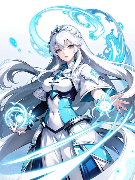 anime girl with long white hair and blue skirt in the snow, white-haired god, white hair floating in the air, anime fantasy illu...