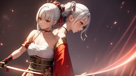 (masterpiece, best quality, hook of holland)(1 girl, solitary)(white hair, red eyes)(more,japanese clothes,off-shoulder,one shou...