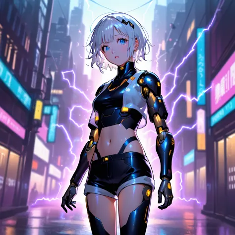 anime girl, pretty, short hair, white hair, crop top, short shorts, futuristic girl, city background with electricity rays