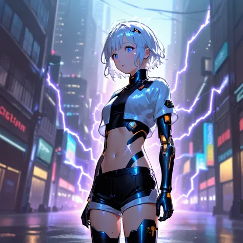 anime girl, pretty, short hair, white hair, crop top, short shorts, futuristic girl, city background with electricity rays