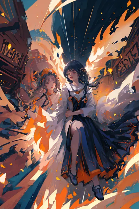 enter a captivating scene，an anime girl sitting on a floating in air , how energetic fire particles ignite the air around you, c...