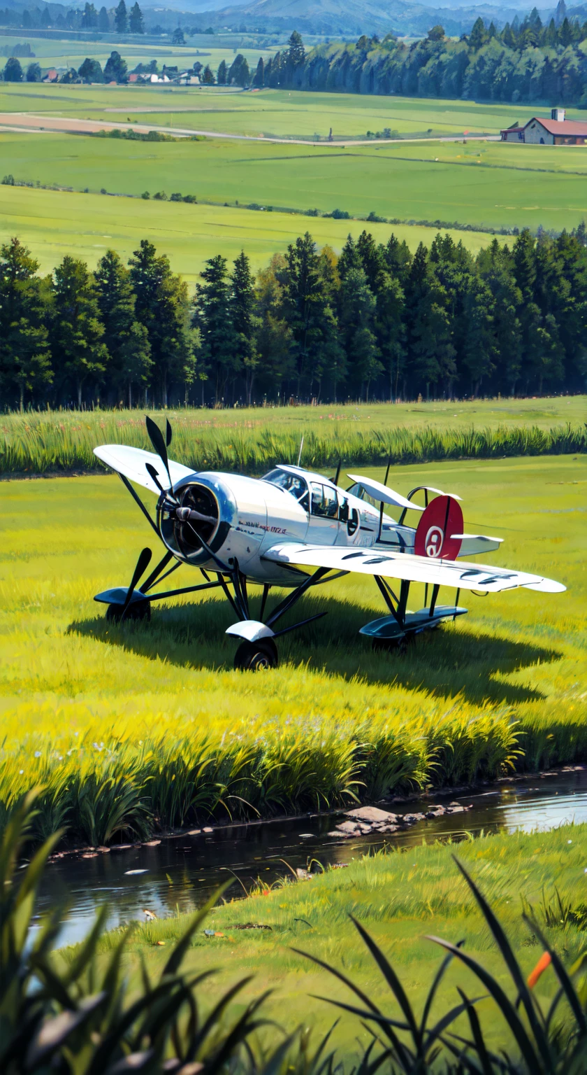 A biplane lands on a grassland、（There&#39;s a girl next to the biplane:1.8）、Smiling