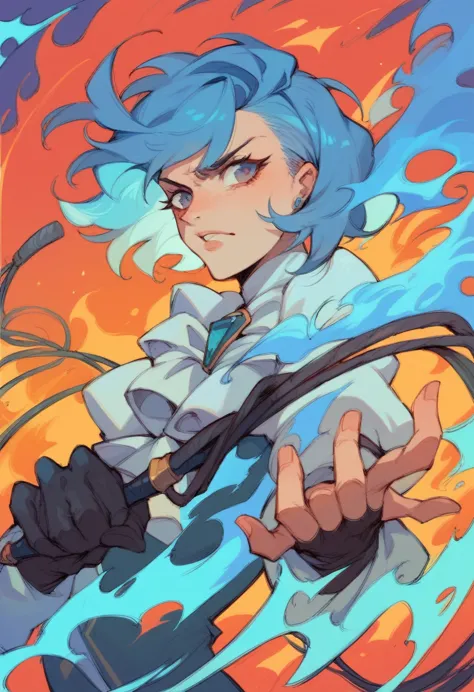 franziska von karma, blue hair, whip on hand, whip on fire