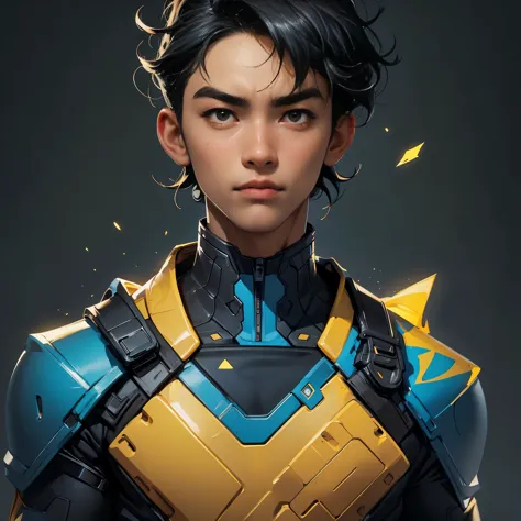 envision a close up high quality portrait of an asian boy with short black hair in a yellow and blue superhero suit against a da...