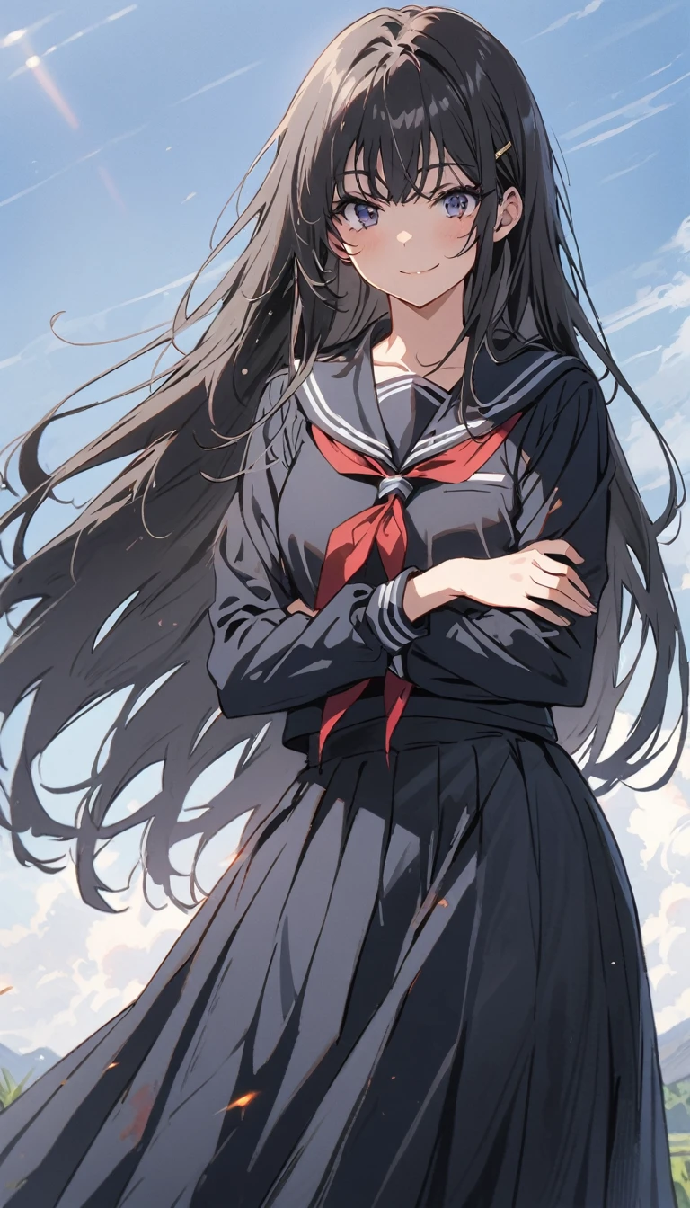 high school girl　beauty　Black Hair　Straight Long Hair　smile　Glare　frivolous attitude　Glare　Black Sailor Suit　Long skirt　Roll up your sleeves　belly button　Cross your arms　Bruises　injury　scar　Riverbank　Photograph the whole body