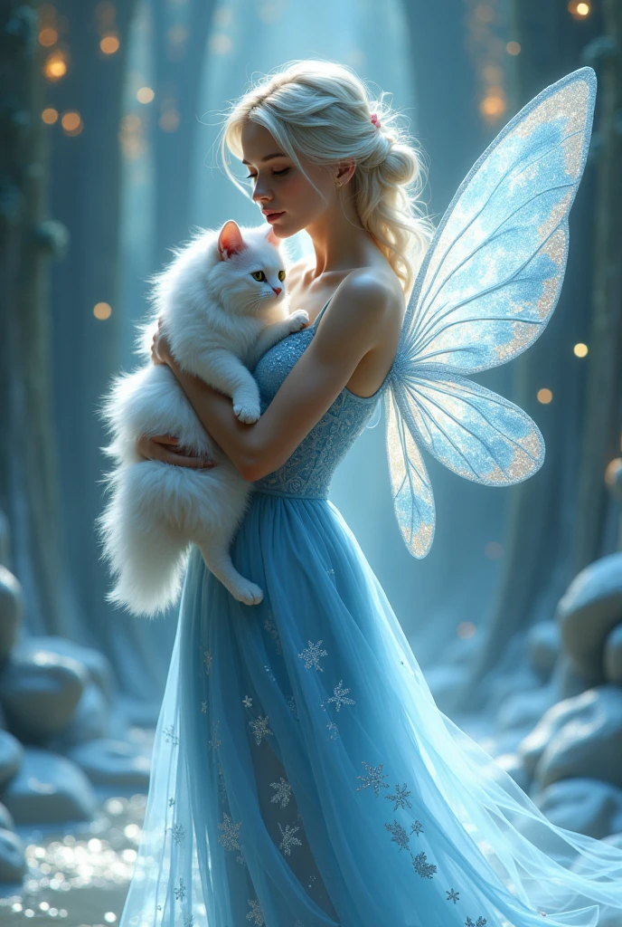 A  wears a lacy blue dress with shining fairy wings, holding a fluffy white cat. They walk on a glittering stage, creating an atmosphere of magic and wonder. Her dress and wings give the impression that she is a fairy from a fairytale world, ready to bring joy and magic.