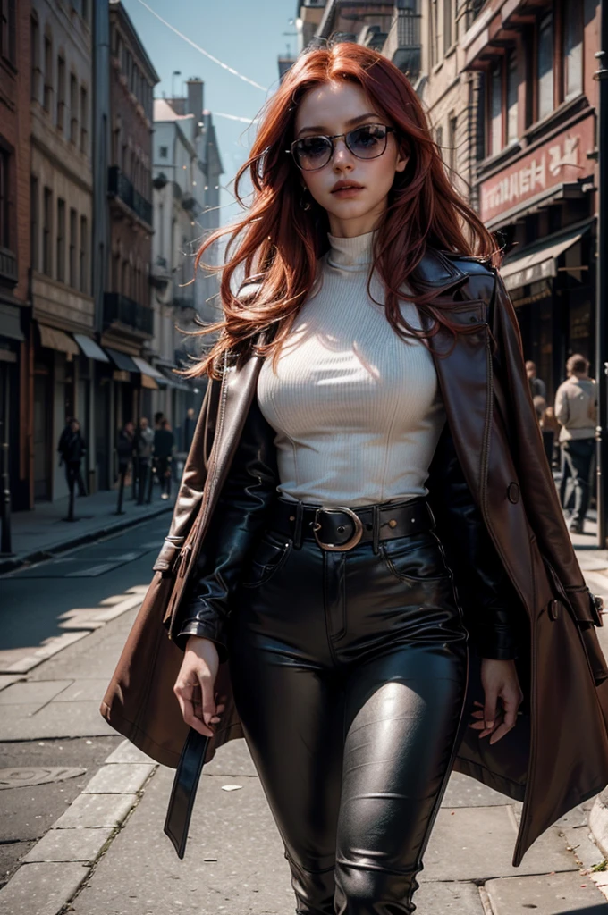 a beautiful young celebrity woman with long flowing red hair, lora_Emma, wearing high-quality high-waisted leather pants and a formal white top with a plunging neckline, a elaborate decorative waist belt, a coat draped over her shoulders, coat on shoulders, and red-tinted sunglasses, walking outdoors in a city setting, (best quality,4k,8k,highres,masterpiece:1.2),ultra-detailed,(realistic,photorealistic,photo-realistic:1.37),cinematic lighting,highly detailed,intricate details,dramatic pose,striking expression,vibrant colors,natural shadows,elegant,fashionable