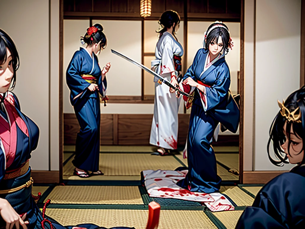 kimono, naginata fight, japanese lady, holding wepon, kill each other, blood, white head band, japanese style room, tatami, katana fight