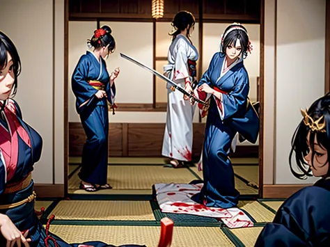 kimono, naginata fight, japanese lady, holding wepon, kill each other, blood, white head band, japanese style room, tatami, kata...