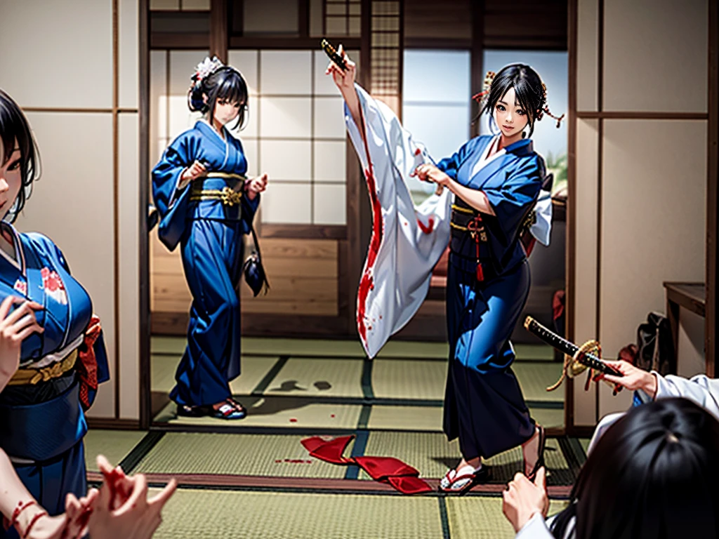 kimono, naginata fight, japanese lady, holding wepon, kill each other, blood, white head band, japanese style room, tatami, katana fight