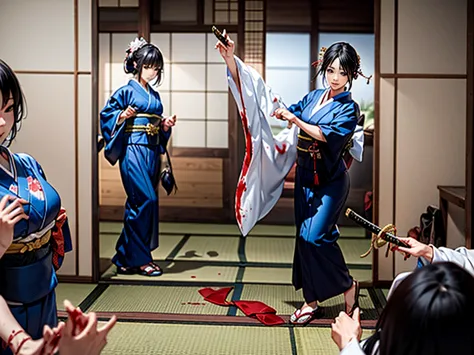 kimono, naginata fight, japanese lady, holding wepon, kill each other, blood, white head band, japanese style room, tatami, kata...