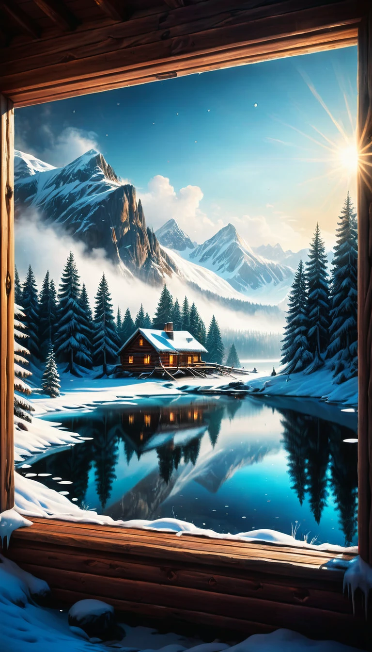 a beautiful snowy landscape view from the window of a cabin, (best quality,4k,8k,highres,masterpiece:1.2),ultra-detailed,(realistic,photorealistic,photo-realistic:1.37),HDR,UHD,studio lighting,ultra-fine painting,sharp focus,physically-based rendering,extreme detail description,professional,vivid colors,bokeh,landscape,winter,snow,mountains,pine trees,frozen lake,cozy cabin,warm lighting,frost,icicles,peaceful,serene