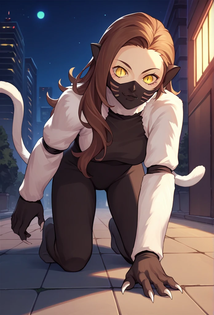 score_9, score_8_up, score_7_up, source_anime,  1girl, all fours, looking at viewer, nekomatasmt, brown hair, long hair, yellow eyes, slit eyes, cat tail, animal ears, claws, face mask, bodysuit, bolero, outdoors, night, city