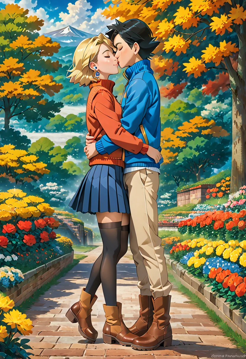 1girl, short hair, skirt, blonde hair, black hair, thighhighs, 1boy, jewelry, jacket, closed eyes, hetero, pleated skirt, earrings, boots, sleeveless, pants, sweater, eyelashes, hug, turtleneck, brown footwear, couple, blue jacket, kiss, ash ketchum, serena \(pokemon\)