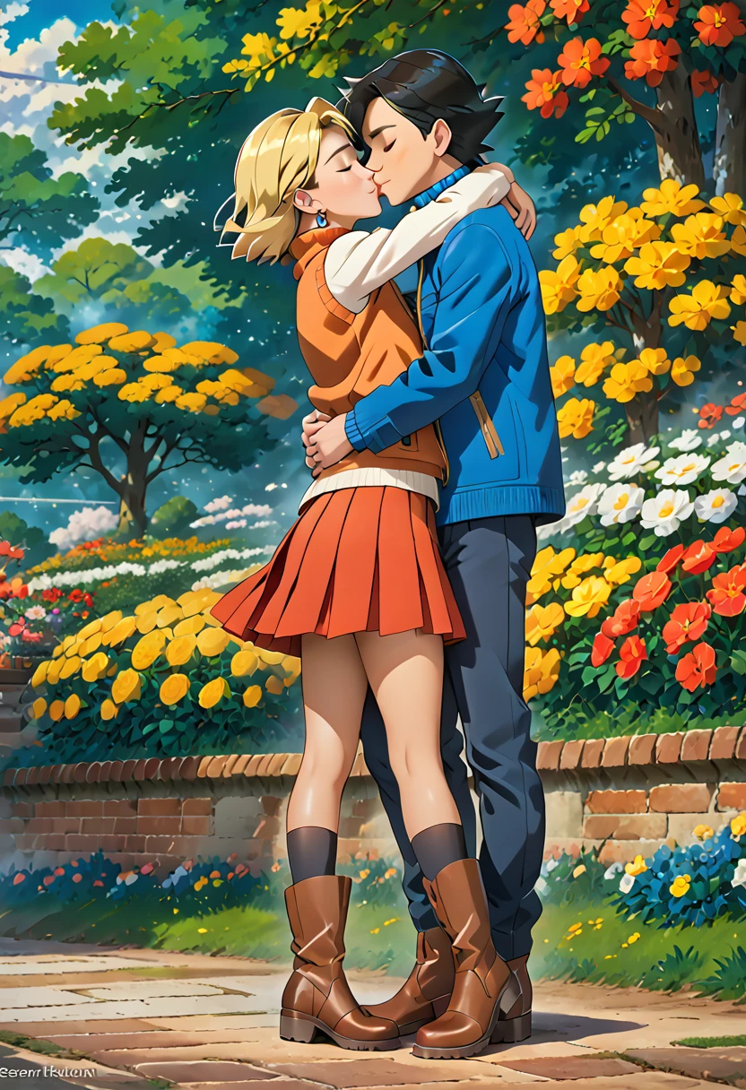 1girl, short hair, skirt, blonde hair, black hair, thighhighs, 1boy, jewelry, jacket, closed eyes, hetero, pleated skirt, earrings, boots, sleeveless, pants, sweater, eyelashes, hug, turtleneck, brown footwear, couple, blue jacket, kiss, ash ketchum, serena \(pokemon\)