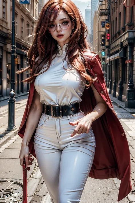 a beautiful young celebrity woman with long flowing red hair, lora_emma, wearing high-quality high-waisted leather pants and a f...