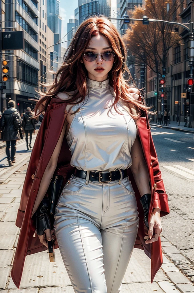 a beautiful young celebrity woman with long flowing red hair, lora_Emma, wearing high-quality high-waisted leather pants and a formal white crop top with overhang and a plunging neckline, a elaborate decorative waist belt, a red coat draped over her shoulders, coat on shoulders, and red-tinted sunglasses, walking outdoors in a city setting, (best quality,4k,8k,highres,masterpiece:1.2),ultra-detailed,(realistic,photorealistic,photo-realistic:1.37),cinematic lighting,highly detailed,intricate details,dramatic pose,striking expression,vibrant colors,natural shadows,elegant,fashionable