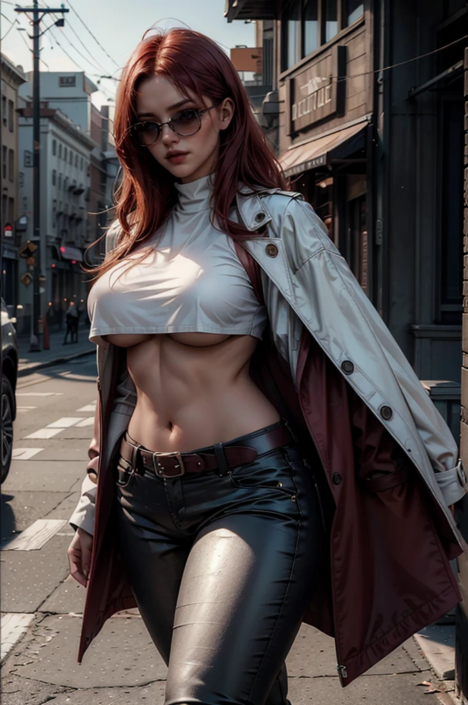 a beautiful young celebrity woman with long flowing red hair, lora_Emma, wearing high-quality high-waisted leather pants and a formal white crop top with overhang, an elaborate decorative waist belt, a red coat draped over her shoulders, coat on shoulders, and red-tinted sunglasses, walking outdoors in a city setting, (best quality,4k,8k,highres,masterpiece:1.2),ultra-detailed,(realistic,photorealistic,photo-realistic:1.37),cinematic lighting,highly detailed,intricate details,dramatic pose,striking expression,vibrant colors,natural shadows,elegant,fashionable