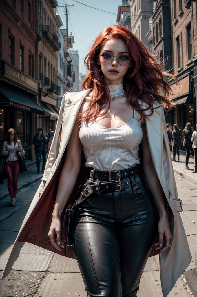 a beautiful young celebrity woman with long flowing red hair, lora_Emma, wearing high-quality high-waisted leather pants and a formal white top with a plunging neckline, a elaborate decorative waist belt, a coat draped over her shoulders, coat on shoulders, and red-tinted sunglasses, walking outdoors in a city setting, (best quality,4k,8k,highres,masterpiece:1.2),ultra-detailed,(realistic,photorealistic,photo-realistic:1.37),cinematic lighting,highly detailed,intricate details,dramatic pose,striking expression,vibrant colors,natural shadows,elegant,fashionable