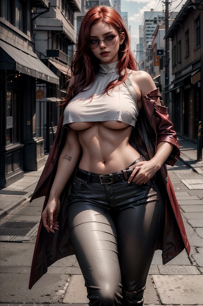 a beautiful young celebrity woman with long flowing red hair, lora_Emma, (wearing high-quality high-waisted black leather pants), (a formal white crop top with underboob), an elaborate decorative waist belt, a red coat draped over her shoulders, coat on shoulders, and red-tinted sunglasses, walking outdoors in a city setting, (best quality,4k,8k,highres,masterpiece:1.2),ultra-detailed,(realistic,photorealistic,photo-realistic:1.37),cinematic lighting,highly detailed,intricate details,dramatic pose,striking expression,vibrant colors,natural shadows,elegant,fashionable