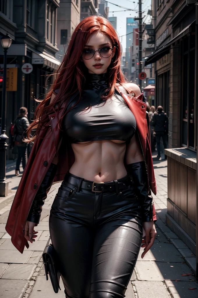 a beautiful young celebrity woman with long flowing red hair, lora_Emma, (wearing high-quality high-waisted black leather pants), (a formal white crop top with underboob), an elaborate decorative waist belt, a red coat draped over her shoulders, coat on shoulders, and red-tinted sunglasses, walking outdoors in a city setting, (best quality,4k,8k,highres,masterpiece:1.2),ultra-detailed,(realistic,photorealistic,photo-realistic:1.37),cinematic lighting,highly detailed,intricate details,dramatic pose,striking expression,vibrant colors,natural shadows,elegant,fashionable