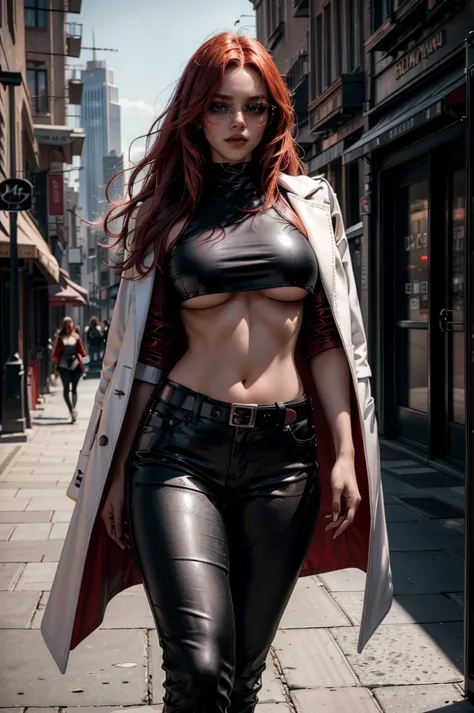 a beautiful young celebrity woman with long flowing red hair, lora_emma, (wearing high-quality high-waisted black leather pants)...