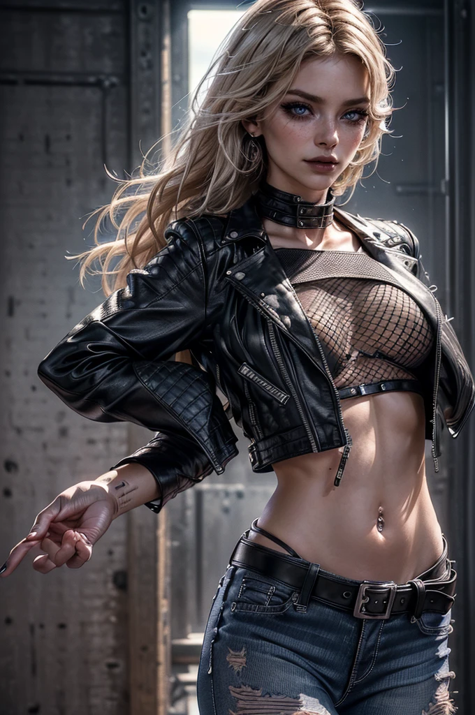 cowboy shot,a pretty 2 girl,blond hair,blue eyes,smiling,lora_Emma,very slim body,thin waist,large breast,(((fishnet top))),(((black short sleeved leather jacket))),(ultra low rise ripped jeans),(studded belt),((((long navel piercing))),thin black collar,empty studio,(exposed thong straps),(best quality,4k,8k,highres,masterpiece:1.2),ultra-detailed,(realistic,photorealistic,photo-realistic:1.37),dramatic lighting,cinematic,fashion photography,studio lighting,high contrast,vivid colors,beautiful detailed eyes,beautiful detailed lips,extremely detailed eyes and face,long eyelashes, hair over one eye, ((grabbing own hair))