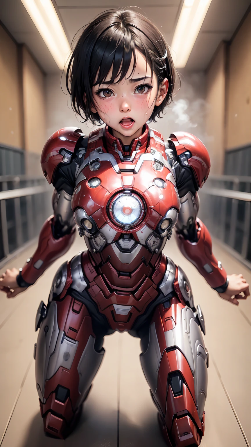 Highest quality　8k Iron Man suit girl　Elementary school girl　Sweaty face　cute　short hair　boyish　Steam coming from the head　My hair is wet with sweat　Black hair feel　Full body portrait　Ecstatic expression　Drooling dripping from the mouth　look up　bare hands　Constraints　((Spread your legs wide)) I can see the vagina　Front view