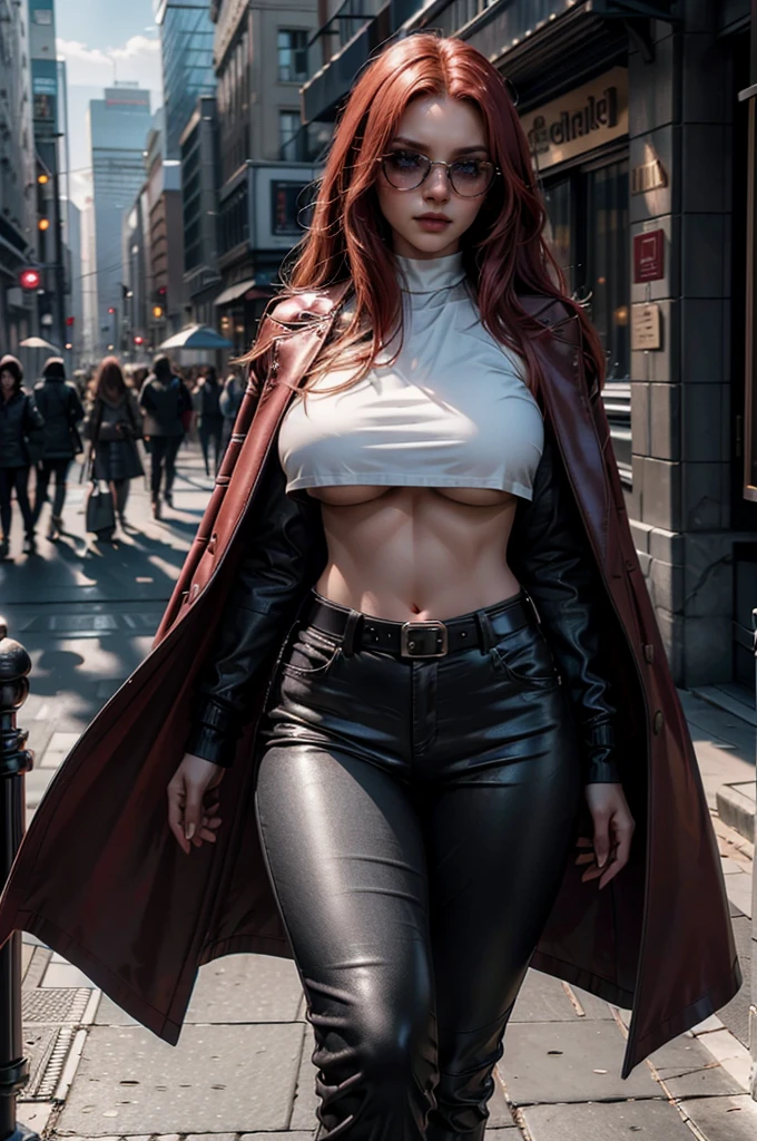 a beautiful young celebrity woman with long flowing red hair, lora_Emma, (wearing high-quality high-waisted black leather pants), (a formal white crop top with underboob), an elaborate decorative waist belt, a red coat draped over her shoulders, coat on shoulders, and red-tinted sunglasses, walking outdoors in a city setting, (best quality,4k,8k,highres,masterpiece:1.2),ultra-detailed,(realistic,photorealistic,photo-realistic:1.37),cinematic lighting,highly detailed,intricate details,dramatic pose,striking expression,vibrant colors,natural shadows,elegant,fashionable