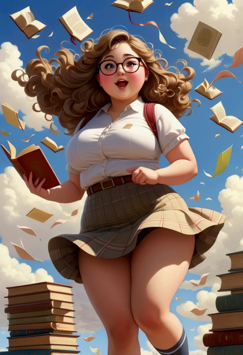 a chubby girl wearing a miniskirt is wearing glasses and books, her skirt is lifted by the wind and she is blushing.