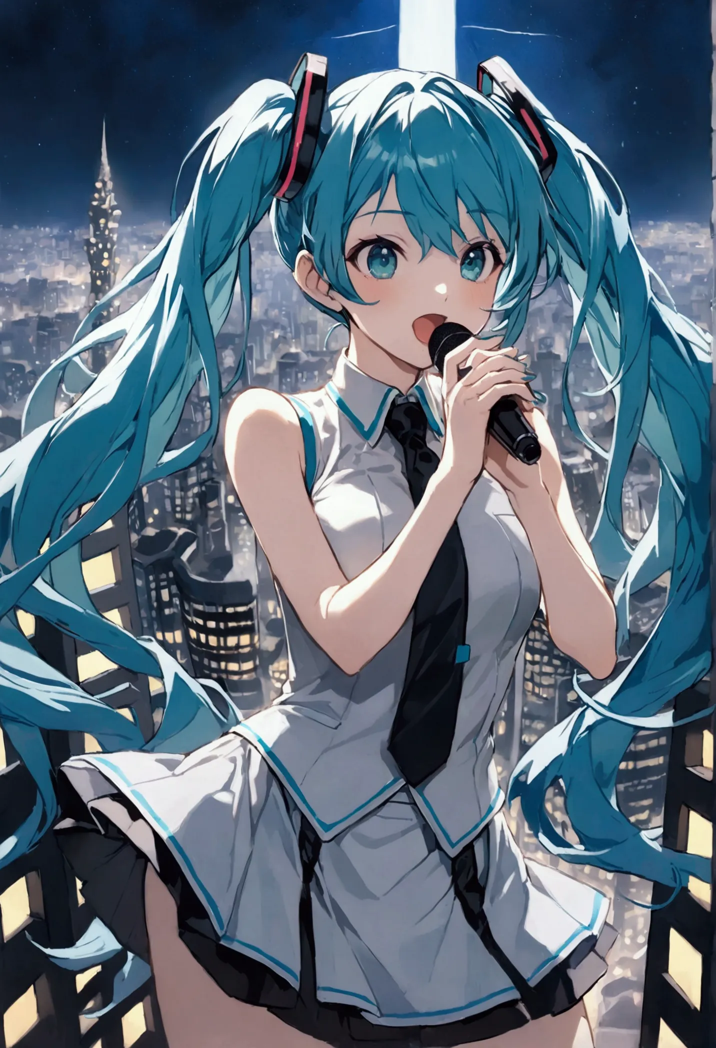 (hatsune miku,light blue hair,twin tails,no sleeve,tie,mini skirt,socks),((blue is the predominant color)),(future city at night...