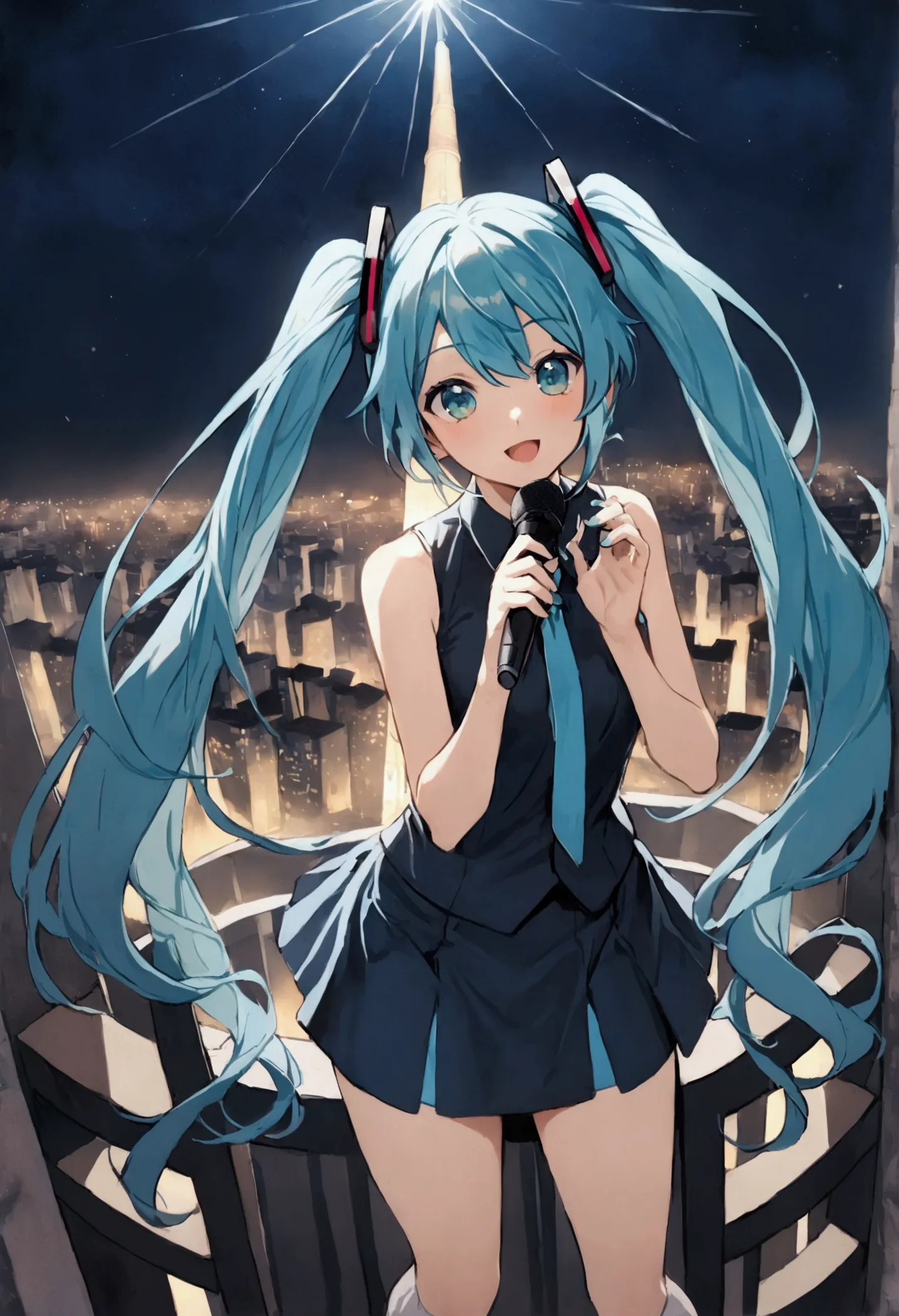 (hatsune miku,light blue hair,twin tails,no sleeve,tie,mini skirt,socks),((blue is the predominant color)),(future city at night...