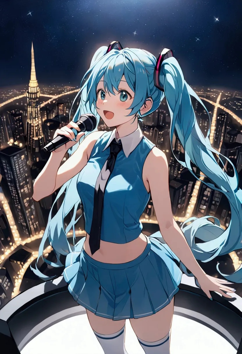 (hatsune miku,light blue hair,twin tails,no sleeve,tie,mini skirt,socks),((blue is the predominant color)),(future city at night...